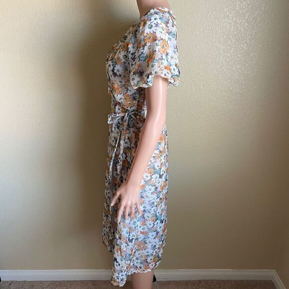 Mango Floral Puff Sleeve Side Tie MIDI Dress - Picture 7 of 9